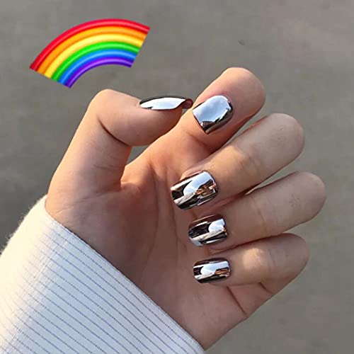 Косидејс квадрат кратко огледало Прес на нокти Сребрени сјајни лажни нокти Целосно покритие лажни нокти за жени и девојчиња