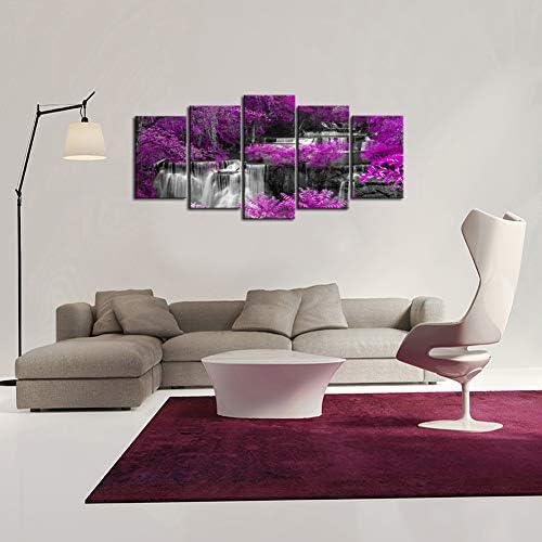 Levvarts - 5 парчиња платно wallидни уметности пурпурни дрвја шума црно -бел водопад пејзаж слика на платно отпечатоци за декорација на дневна