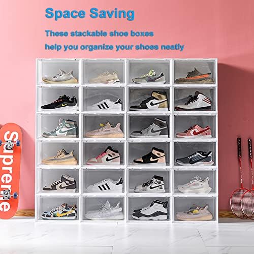 Кутии за складирање на чевли Augctoer, чисти пластични кутии за чевли, кутии за складирање на чевли, стабилни, контејнери за организатор на чевли со капаци, магнетна вра