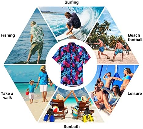 Машки хавајски кошули со краток ракав цветна тропска алоха кошула случајно летно копче надолу од празнична плажа кошула со џеб