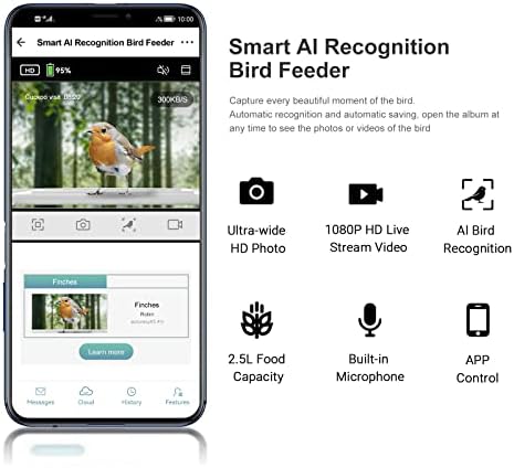 HZG паметен фидер за птици со соларна камера, безжична храна за птици, соларна куќа за птици со камера 1080p HD IP65 водоотпорен, АИ Идентификувајте