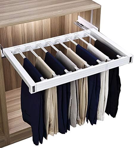 Извлечете ја решетката со панталони, лизгање на панталони за складирање на фиока, ширина за прилагодување на шалки за шал за гардероба-бела