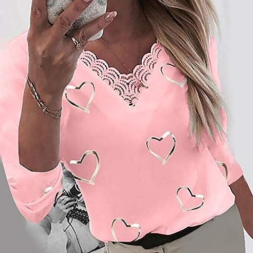 ylioge жени модни џемпери срцата печати v вратот чипка крпеница влечења со долги ракави цврсти маици во боја плус врвови со големина