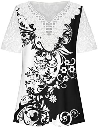 Туника на врвови за жени лабава вклопена бохо чипка шуплива изрез v врат кошули со кратки ракави графички цветни печатени блузи маица маица