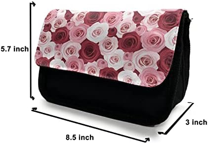 Необичен случај со молив со роза, украсен цвет аранжман, торба со молив со ткаенини со двоен патент, 8,5 x 5,5, Руби розово бело