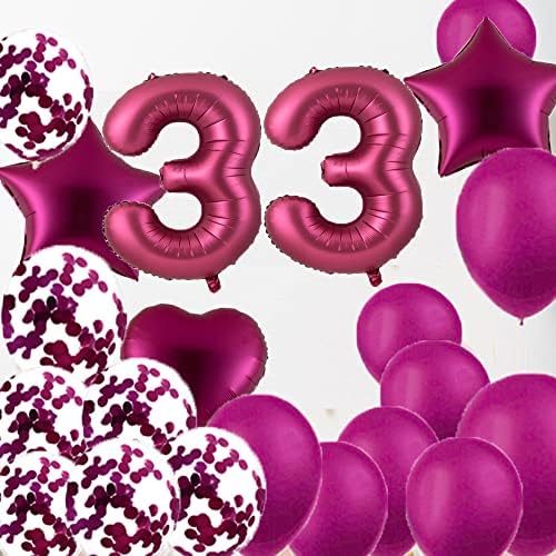 Слатка 33 -ти роденденски украси за забави, бургундски број 33 балони, 33 -та фолија Милар балони латекс балон декорација, одлични