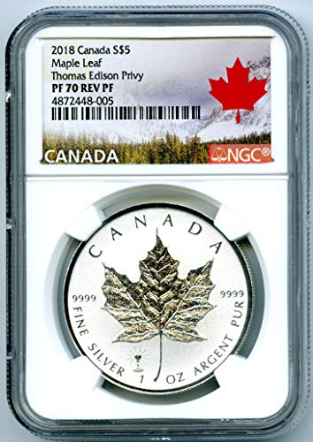 2018 Канада Монета Сребрен Јаворов Лист Обратен Доказ Томас ЕДИСОН Сијалица Приватен $5 PF70 NGC