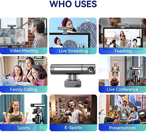 Aicoco Webcam, 2k Web cam со Интелигентен Сензор, AI Автоматско Следење, Контрола На Гестови, 2x Зум, Микрофони За Поништување На Бучава,