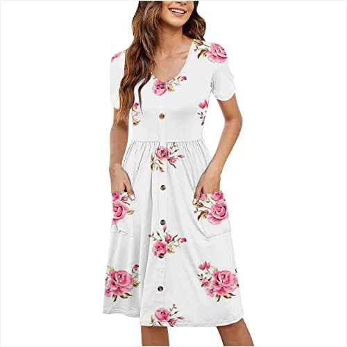 Фустани за плажа за жени случајни проточни цветни санки V вратот Краток ракав со висок половината Руфла лабава џеб мини фустан