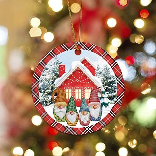 Божиќни висечки украси Гном Венец керамички украс Вудленд Бафало кариран Божиќен венче 3,2 инчи со златен жица колекционерски празник за парови