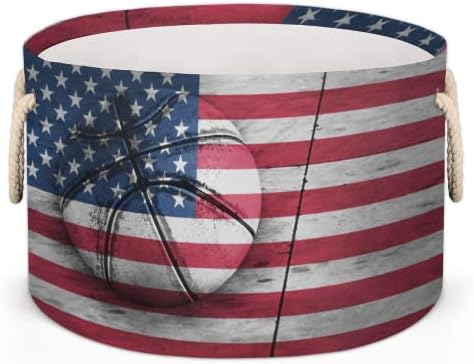 Американско знаме кошарка големи тркалезни корпи за корпи за перење алишта со рачки ќебе корпа за складирање за полици за бања за организирање