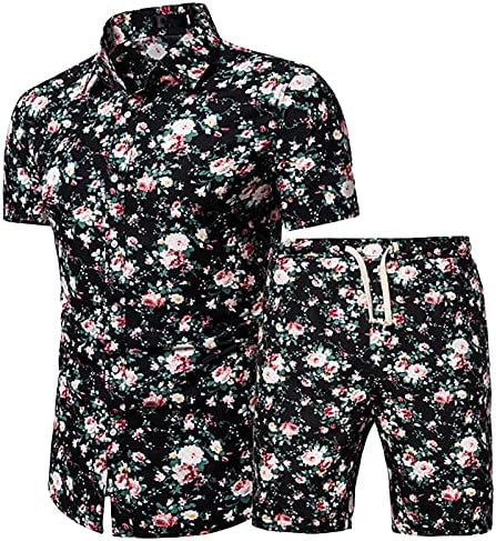 Апартмани Менс лето и печатени сетови кошули со ракави 2 парчиња машки панталони за плажа кратки шорцеви