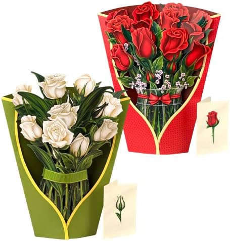 Freshcut Pop Up Cards, сет од две, црвени рози + бели рози, 12 инчи со големина на живот засекогаш цветни пукани букети 3Д скокачки
