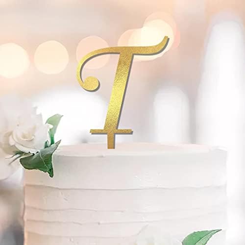 Почетна Торта Топпери Монограм Т Сјај Злато Обичај Секој Иницијал За Свадба Роденден Декор Рустикален Невестински Туш Подароци За