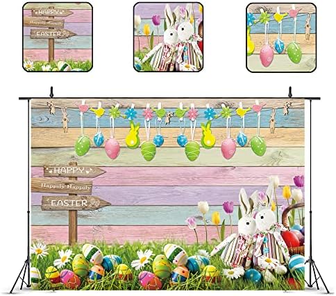 Главри Среќна Велигденска Позадина за Фотографија 7wx5h Стапки Рустикални Дрвени Пролетни Велигденски Јајца Смешни Зајачиња Зајаци Трева