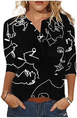 Nxxyeel Жените 3/4 Ракав Блузи Копчето Надолу Деколте Маица Летни Модни Кошули Повик Лабава Трендовски Печатени Блузи
