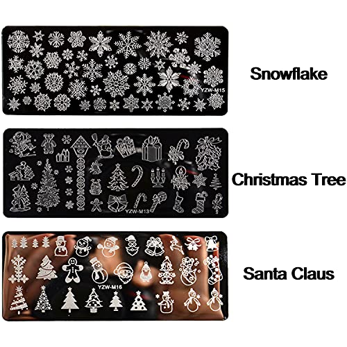 Божиќен комплет за шаблони за печат на ноктите со 7 парчиња плочи за печат на нокти + 1 Stamper + 1 Scraper снегулки снежни луѓе Дедо