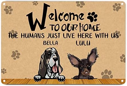 Алиојоит Смешен Метален Знак За Кучиња Прилагодено Име На Кучиња Добредојдовте Во Нашиот Дом Луѓето Овде Со Нас Рустикална Закачалка
