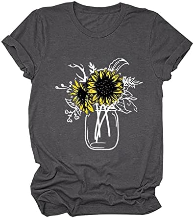Letulенски сончоглед летен маица удобна лабава блуза врвови девојки кратки ракави графички обични маици со тркала од вратот на вратот, кошули