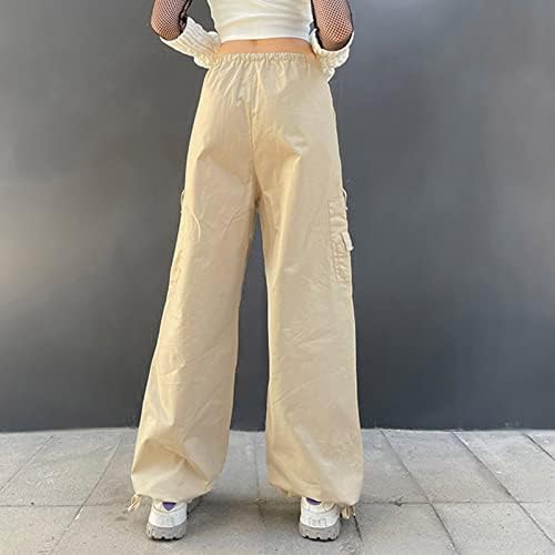 Долги меки редовни женски пантолони со џебови директно карго на летови високи панталони со цврсти патеки со цврсти патеки