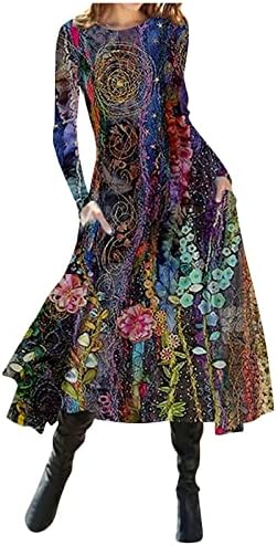 Nokmopo макси фустан за жени моден обичен печатен печатен врат пулвер со долг ракав фустан