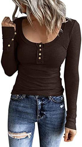Womenенски дами со долги ракави Западни кошули 1/4 копче надолу по квадратниот врат Ретро врвови тенок тесен ребрести плетени блузи