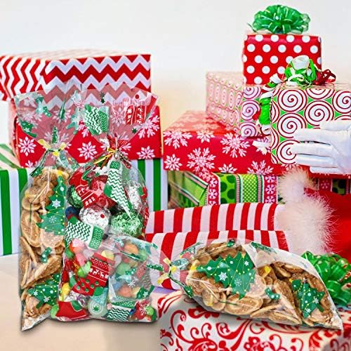 100 Парчиња Божиќни Целофански Кеси Торби За Подароци За Бонбони Добрите Третираат Кеси со 150 Парчиња Вртење Врски За Божиќна Забава Материјали