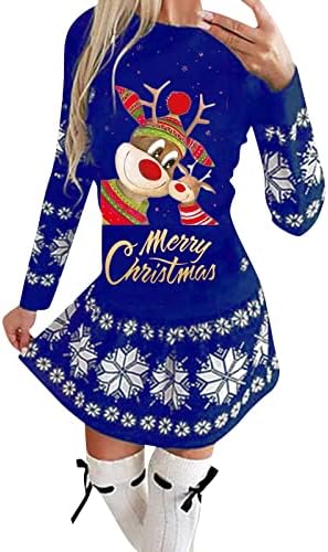 Среќен Божиќен Фустан За Жени Секојдневен Долг Ракав Симпатичен Ирваси Печатење Мини Фустан Возбуда Полите Тенок Фит Кратки Фустани