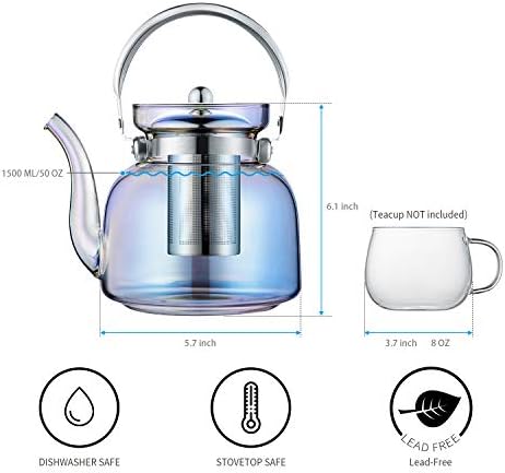 Е-ЛИУ 50 мл стаклен чајник со чајник со капак, отстранлив инфузер и рачка од не'рѓосувачки челик, производител на безбеден чај за цветање