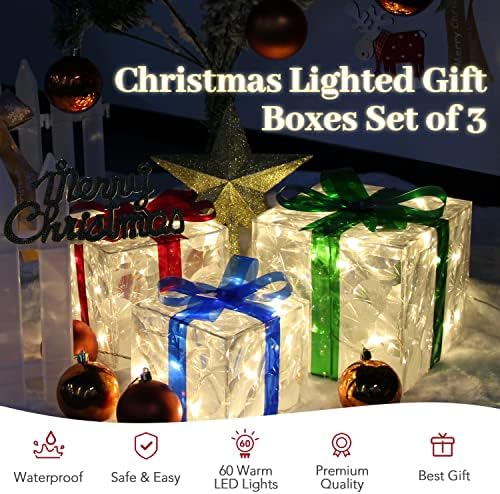 Опавел Божиќни украси Осветлени кутии за подароци сет од 3, 60 LED осветлени про transparentирни кутии за подароци со лакови украси за новогодишни