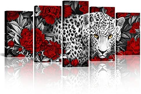 Калорморе диви животни животни платно wallидни уметности црно -бели леопард во црвени боцони цвеќиња галерија за печатење завиткани уметнички дела подготвени да ви?