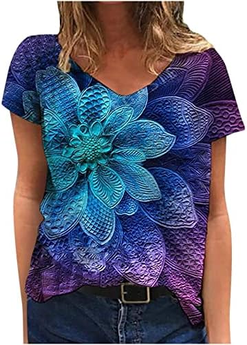 Краток Ракав Блуза Маица За Девојки Лето Fall 2023 Облека Мода V Вратот Памук Цветни Графички Лабава Вклопуваат Врвот