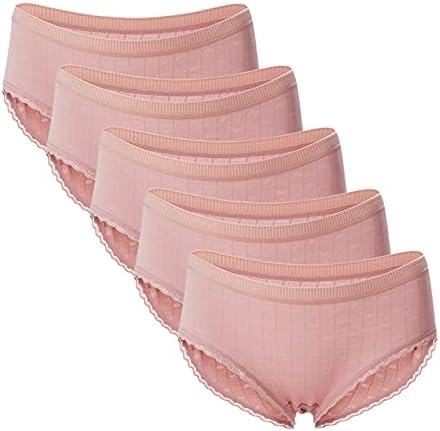 5 пакувања женски памучни брифинзи со цврста боја со чипка со средна половината долна облека целосна покриеност на покривање на хипстер на