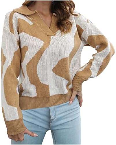 Есен џемпери за жени трендовски печатени v-врат со долг ракав џемпер џемпер за џемпер за џемпер за џемпер на врвови на врвови за џемпер