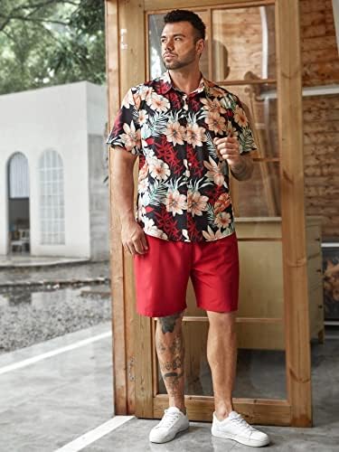 Lubose Облека со две парчиња за мажи Мажите случајна тропска кошула за печатење и шорцеви за половината за влечење