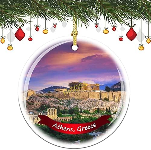 Атина Грција дрво виси Божиќен украс порцелански двострана керамички украс, 3 инчи