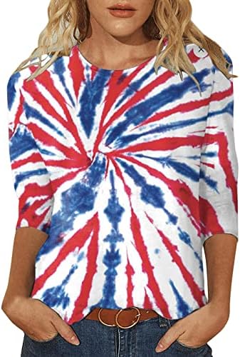 Oclun Women 3/4 ракав блуза Ден на независност Ден на печатена графичка тркалезна врата на вратот, обичен блуза кошула трендовски елегантна маица
