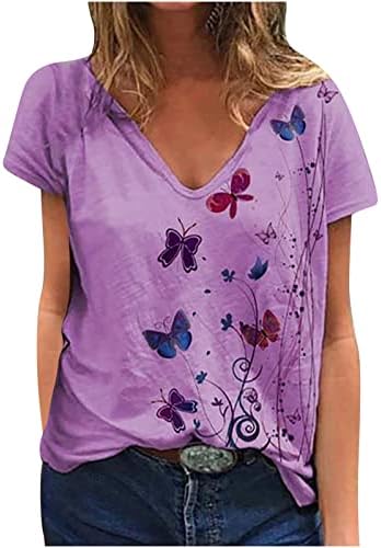 Маица со блуза за дами кратки ракави длабоки v вратот памук пеперутка цветна графичка лабава вклопена опуштена фит блуза тој