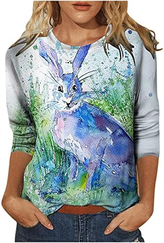 Lcepcy omensенски Велигденски празничен кошула 3/4 ракав симпатична зајаче графичка маичка удобна лабава блуза обична тркалезна