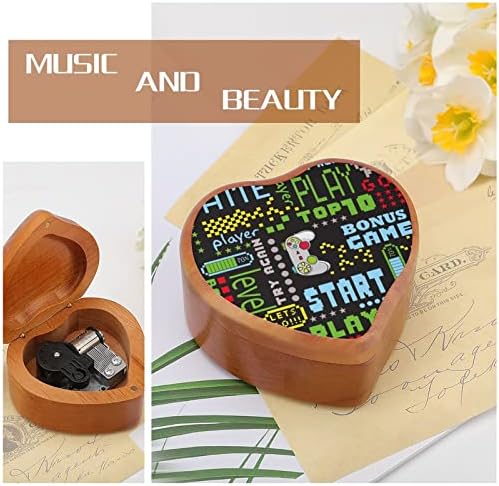 Пиксел игра стил дрвена музичка кутија со форма на срцев облик на ветровито музичко кутија гроздобер дрвен часовник музички кутии подароци