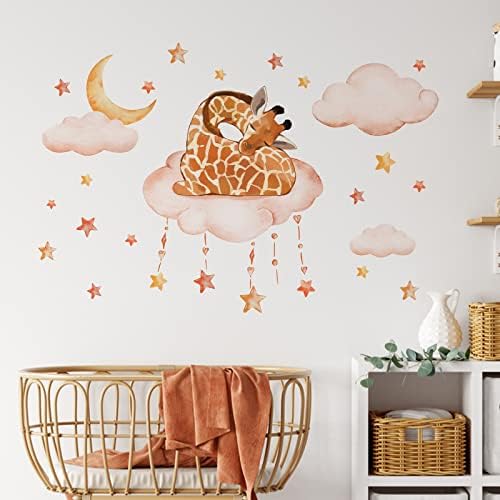Mfault Бебе жирафа за спиење wallидови налепници налепници, акварел месечина starвезда Облак момчиња девојки расадник декорација Декорација