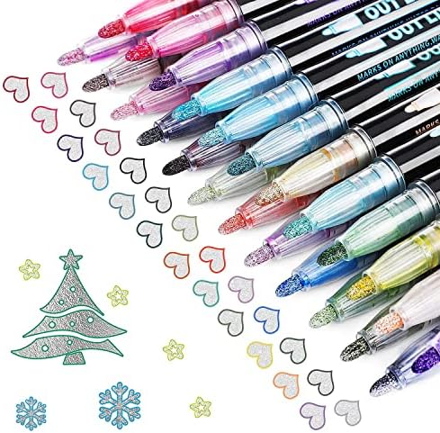 Shimmer Marker Set-24 Colors Outline Markers, пенкала со двојна линија, за Божиќни честитки, DIY уметнички занаети