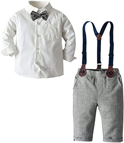 Artmine Baby Boys 2 Piection Gentleman Outfits Долги ракави Бели кошули и панталони за суспензија со лак вратоврска