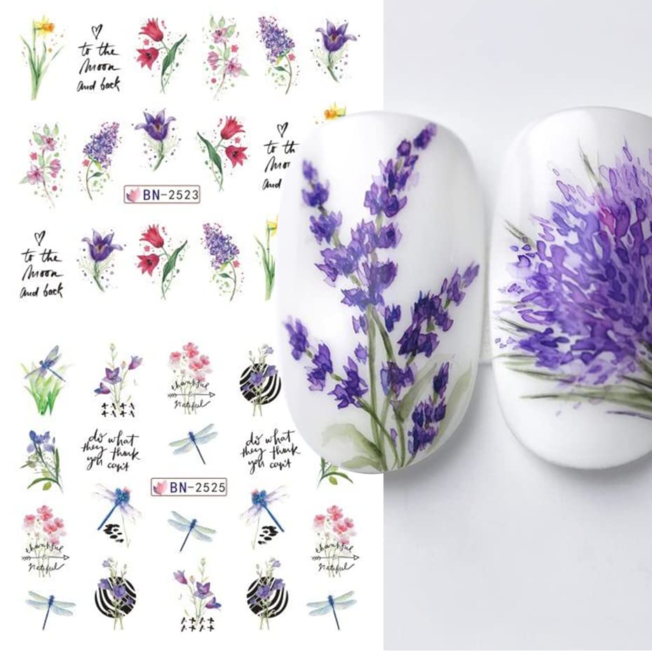 12 парчиња пролетни налепници за уметност на ноктите декорации цветни нокти уметност налепници вода децинации за пренесување дизајн лаванда
