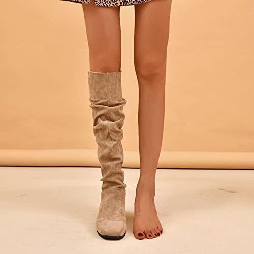 Чизми за жени колено високи дами мода цврста боја стадо разнишани гроздобер квадратни колена потпетици чизми долг бут багажник