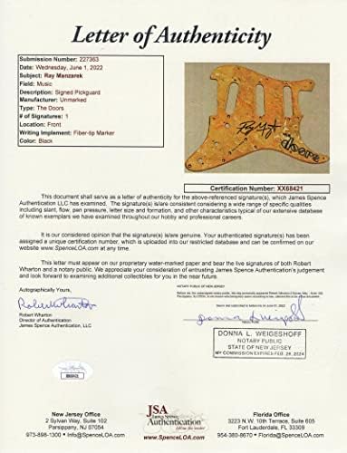 Реј Манзарек потпиша автограм со целосна големина рачно насликана обичај една од еден вид Fender Stratocaster Electric Guitar со Jamesејмс Спенс писмо со автентичност JSA COA 1/1 - Вратит?