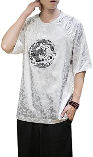 Летна маица со кинески стил ретро танг костум змеј везење џакард лабава кратки ракави мажи облека врвови машки