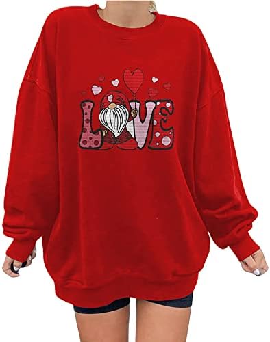 Hthjsco женски обични долги ракави пулвер џемпер дуксер за ден на в Valentубените, смешно симпатична кошула фитинг маички кошули