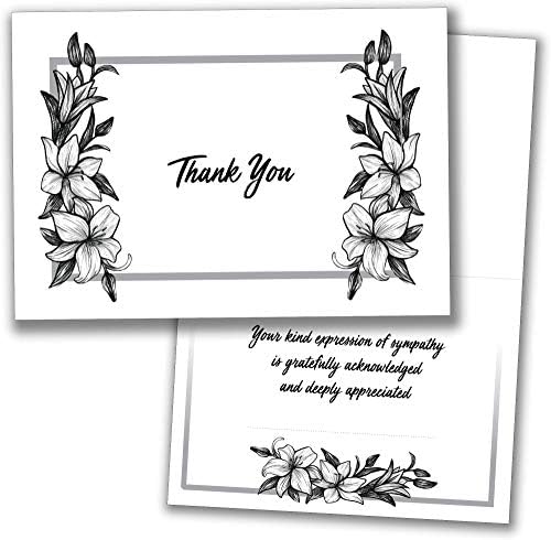 Whatabee 50 Погреб Ви благодариме картички - Белешки со коверти и порака за признавање на сочувство внатре, тема за цвеќиња од крин
