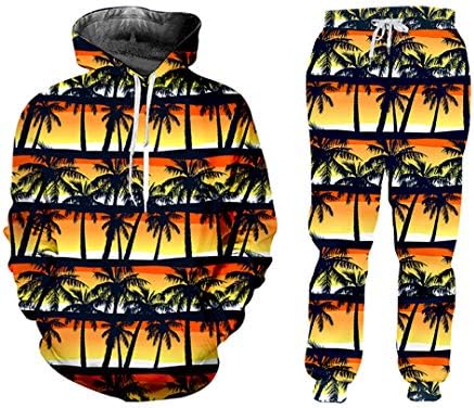 Зимски тренерки мажи/жени 2 парчиња сет печати кокосово дрво дуксери+панталони Спортска облека од костум со качулка